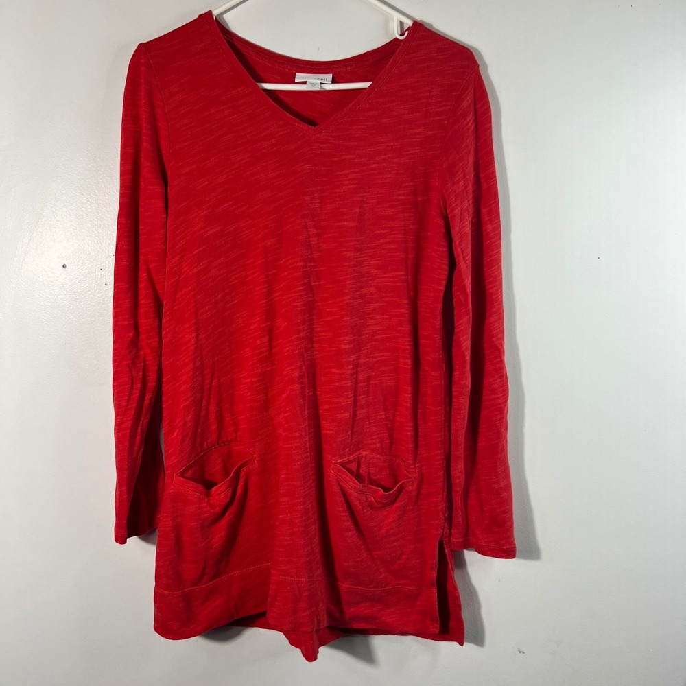 Womens J Jill V Veck Slub Cotton Knit Tunic w Pockets Red XS